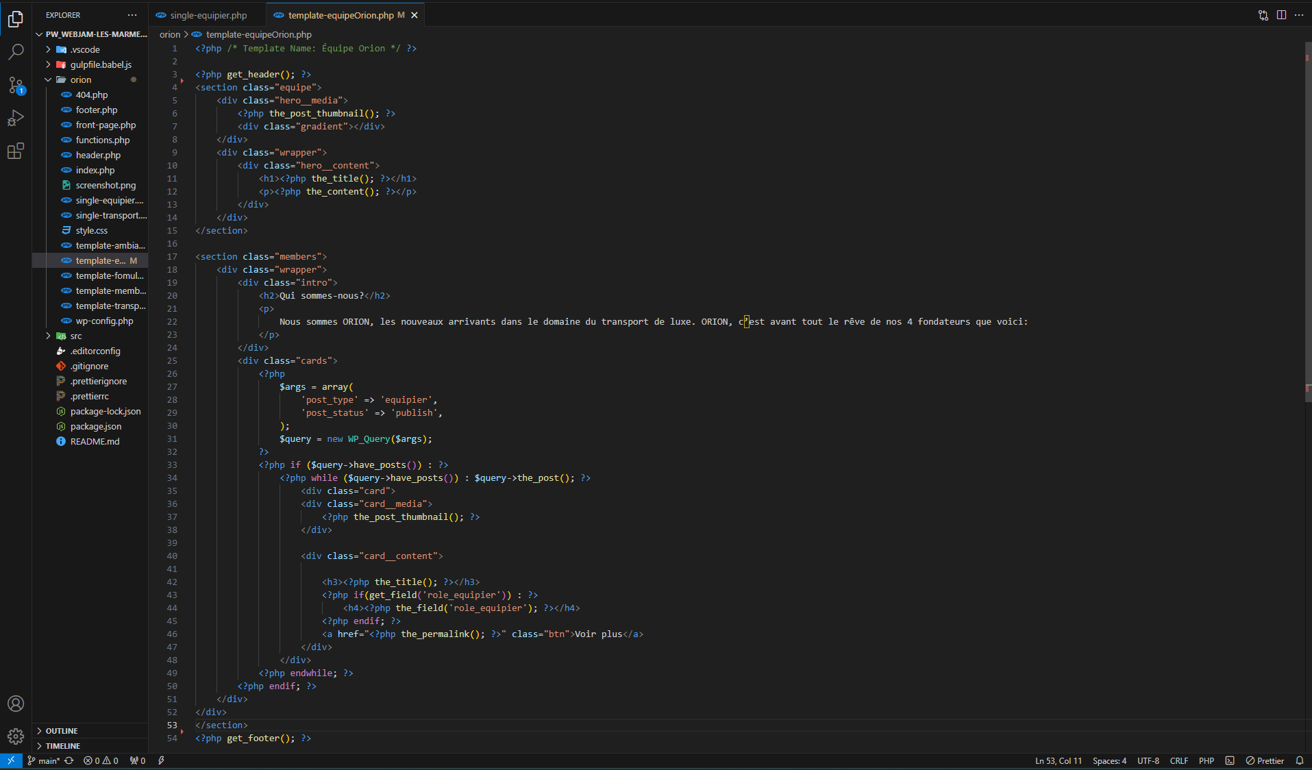 PHP de la page « template-equipeOrion.php »